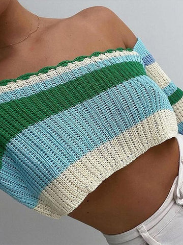Voguable Knitted Y2K Clothes Crop Top Colored Striped Off The Shoulder T shirts Long Sleeve Trendy Short WoTops