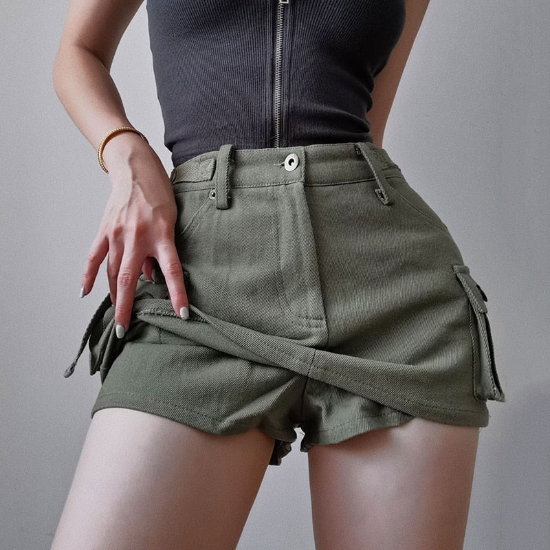 Low Waist Mini Skirt Y2K Aesthetic 2000s Vintage A-line Wild Pockets Ultrashort Clubwear Cargo Skirts with Shorts