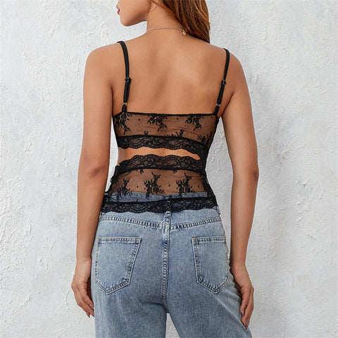 y2k Lace Crop Top See Through Spaghetti Strapless Sleeveless Cut Out Tanks 2000s Aesthetic Clothes Streetwear