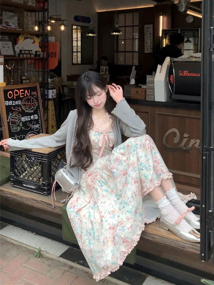 Japanese Kawaii Y2k Midi Dress Casual Sweet Bow Splicing Flower Print Dress Korean Evening Party