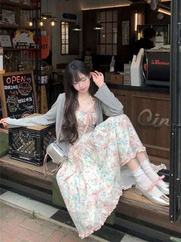 Japanese Kawaii Y2k Midi Dress Casual Sweet Bow Splicing Flower Print Dress Korean Evening Party