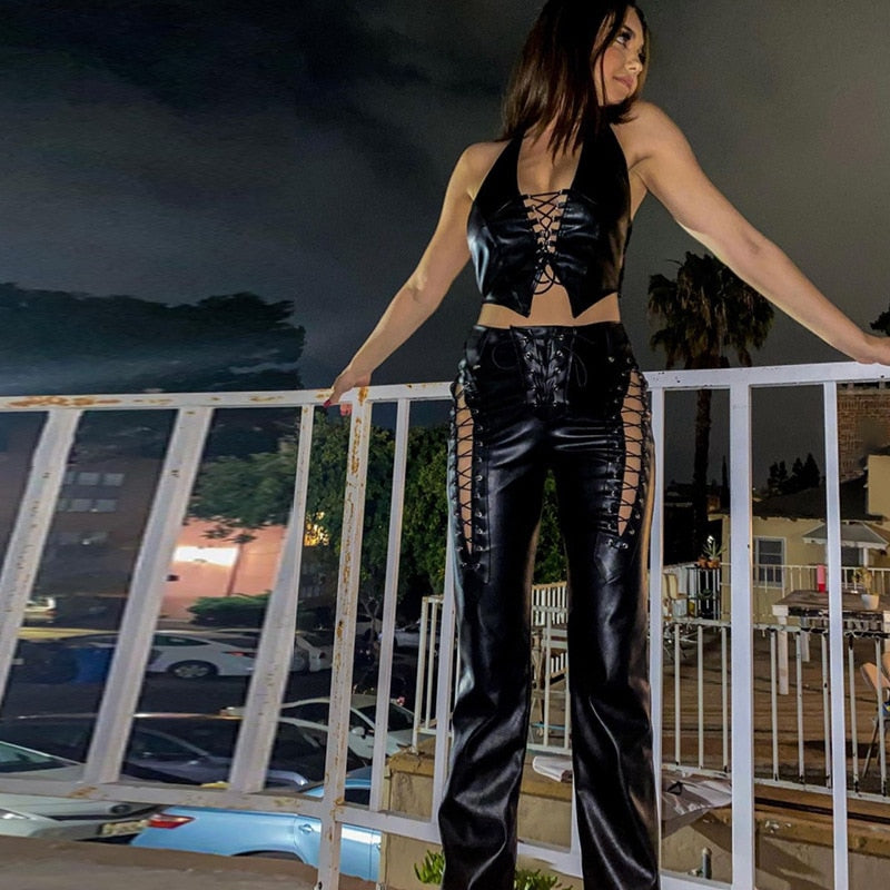 Lace Up PU Leather Pants Chic High Waist Hollow Out Y2K Drawstring Bandage Cut Out Gothic Faux Leather Trousers