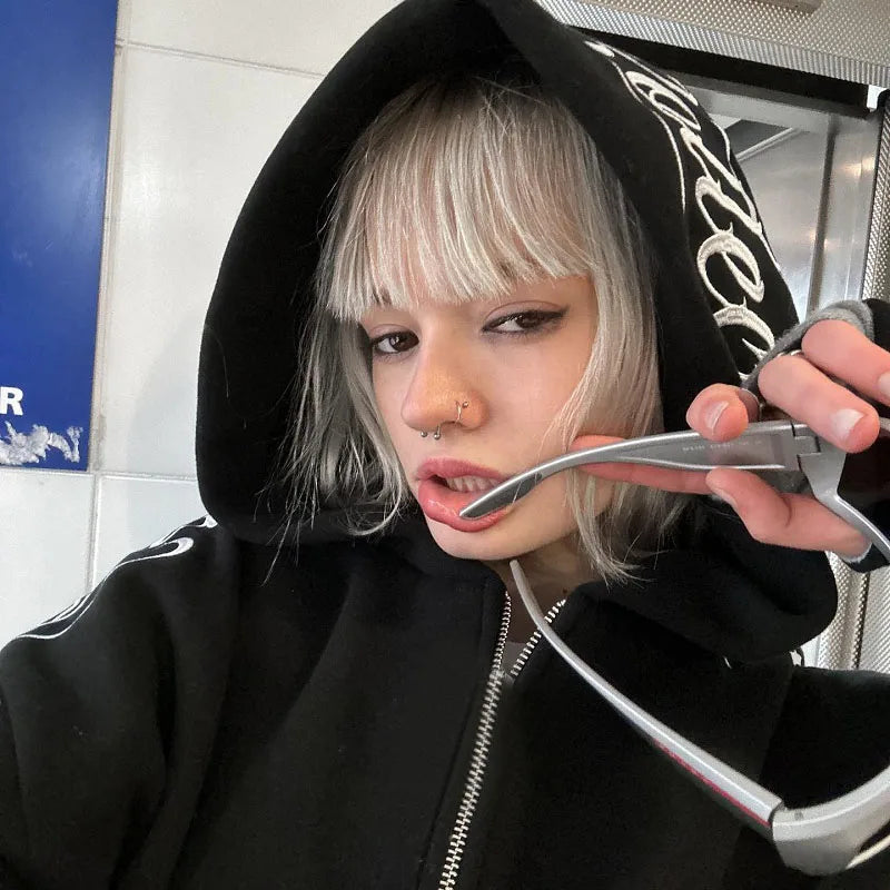 American Winter Sweatshirt Y2k Gothic Hip Hop Couple Hoodies Print Harajuku Zip Up Oversized Punk Grunge Black Jacket