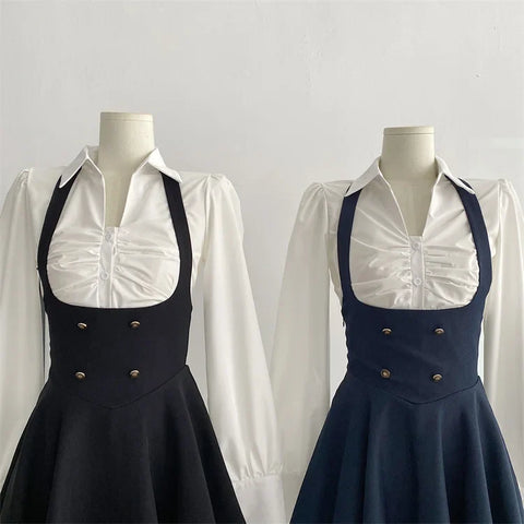 Voguable  Y2K 3 Piece Set Cropped Coat + Long Sleeve Shirt + High Waist Halter Ruffles Mini Dress Korean Chic Outfits