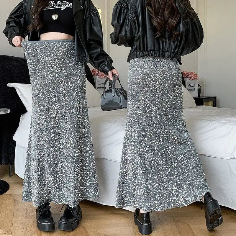 Pleuche Sequined Woman Clothing Elastic Waist Skirt High Waist Nightclub Girl Y2K Vintage Midi Skirts