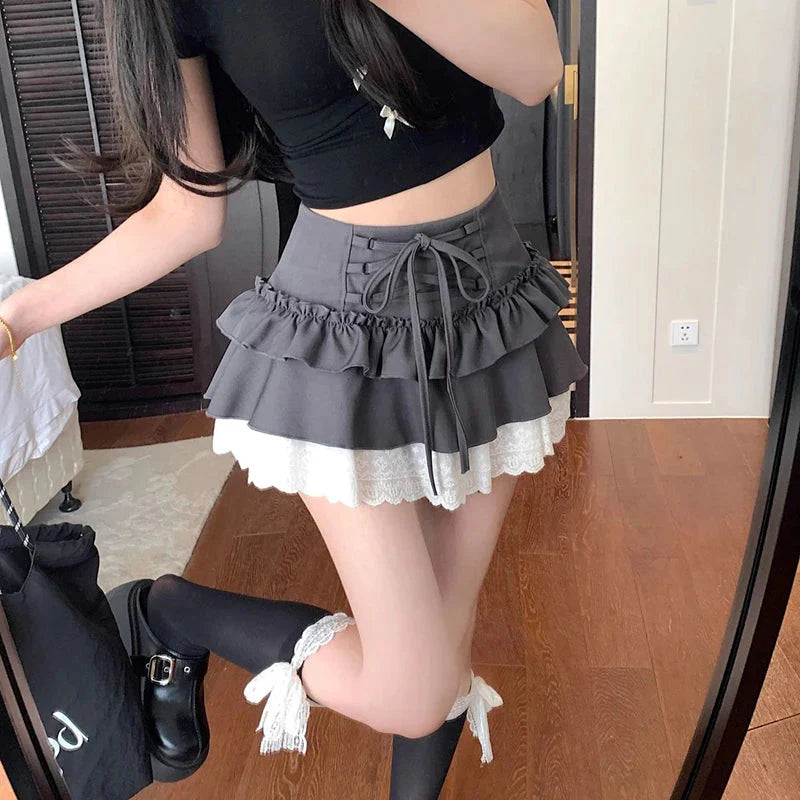 Sweet Lace Up Mini Skirt Y2K Lace Patchwork A-Line Skirts High Waist Kawaii Lolita Preppy All Match Tutu Skirts