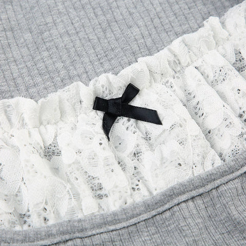 Voguable Y2K Contrast Lace Patchwork Knitted Top Cute Casual Basic Short Sleeve T-shirts Coquette Square Collar Tee