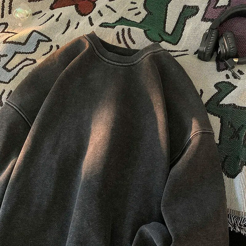 American Washed Old Pullovers Sweatshirts Loose Solid Color Large Size Warm O Neck Tops Hip Hop Y2k Sweatshirt