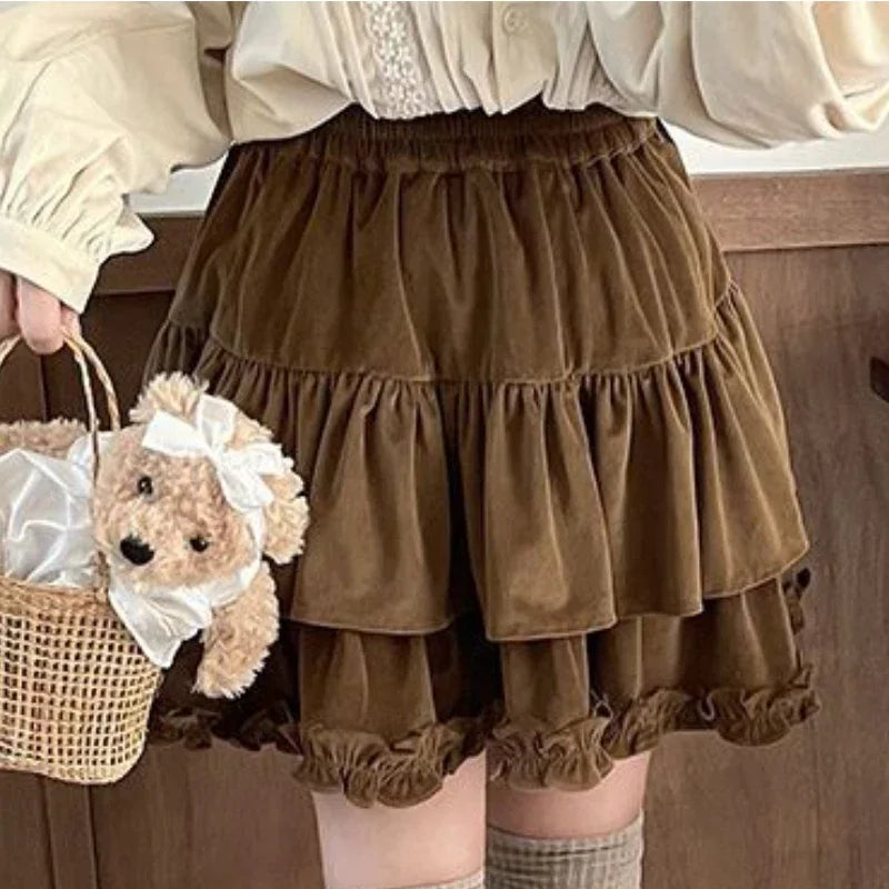 Voguable 90s Winter Ruffle Brown Kawaii Lolita Pleated Skirt Fairy Y2k Mini Skirt FeKorean Cute Mini Cake Casual Skirt