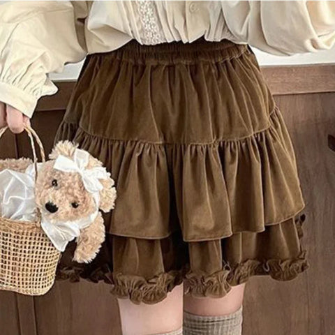 Voguable 90s Winter Ruffle Brown Kawaii Lolita Pleated Skirt Fairy Y2k Mini Skirt FeKorean Cute Mini Cake Casual Skirt