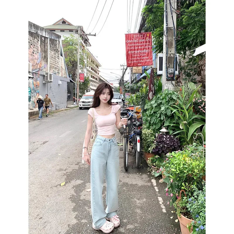 Voguable Blue Jeans for High Quality High Waist American Wide Leg Pants Bow Embroidery Y2K Vintage Straight Trousers