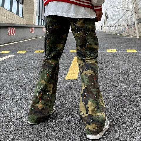Y2K Ink Graffiti Baggy Tracksuit Cargo Flare Pants Joggers Camouflage Casual Long Trousers Ropa Hombre