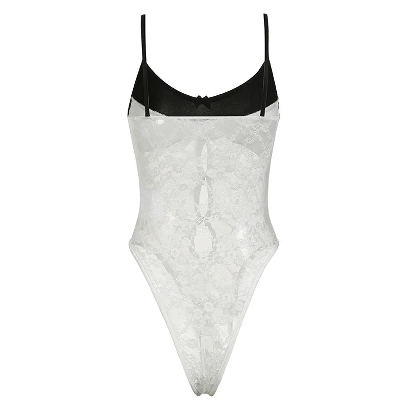 Voguable Korean Style Contrast Lace Patchwork Bodysuit Multi Bows Hollow Out Sleeveless Bodysuits Y2K Translucent Top
