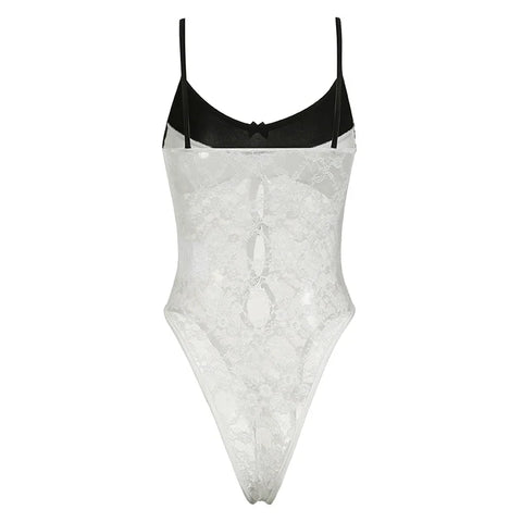 Voguable Korean Style Contrast Lace Patchwork Bodysuit Multi Bows Hollow Out Sleeveless Bodysuits Y2K Translucent Top