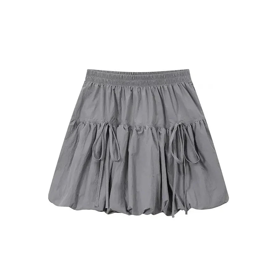 Y2k Bubble Mini Skirt Elastic Waist Ruffle Flare Puffy Skirt High Rise Cute Pleated Lace-up Bow Tie Lantern Short Skirt