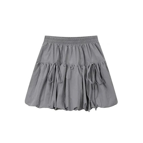 Y2k Bubble Mini Skirt Elastic Waist Ruffle Flare Puffy Skirt High Rise Cute Pleated Lace-up Bow Tie Lantern Short Skirt