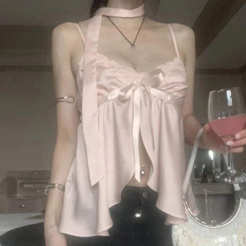Kawaii Bandage Lace Pink Camisole Sweet Patchwork Satin Crop Tops with Slit y2k Vintage Tank Tops Cute