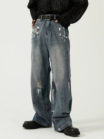 Voguable Oversize Graphic Jeans Y2k Ripped Jeans Pants With Print Blue Denim Trousers Punk Japanese Streetwear Hip Hop