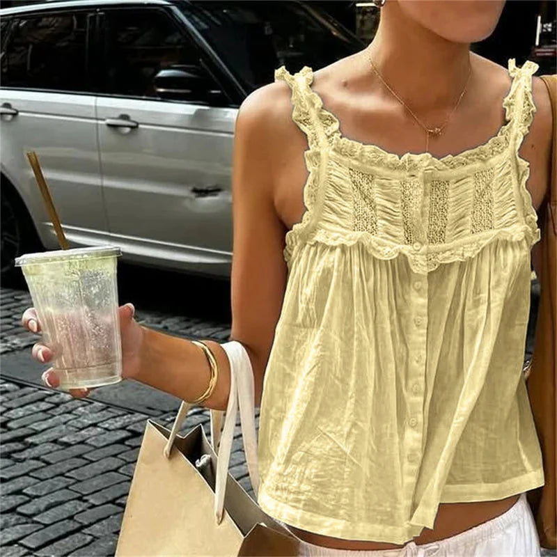 Y2k Lace Ruffle Trim Tank Top Fairycore Sheer Button Front Scoop Neck Camisole Cute Going Out Crop Tops Boho Vest