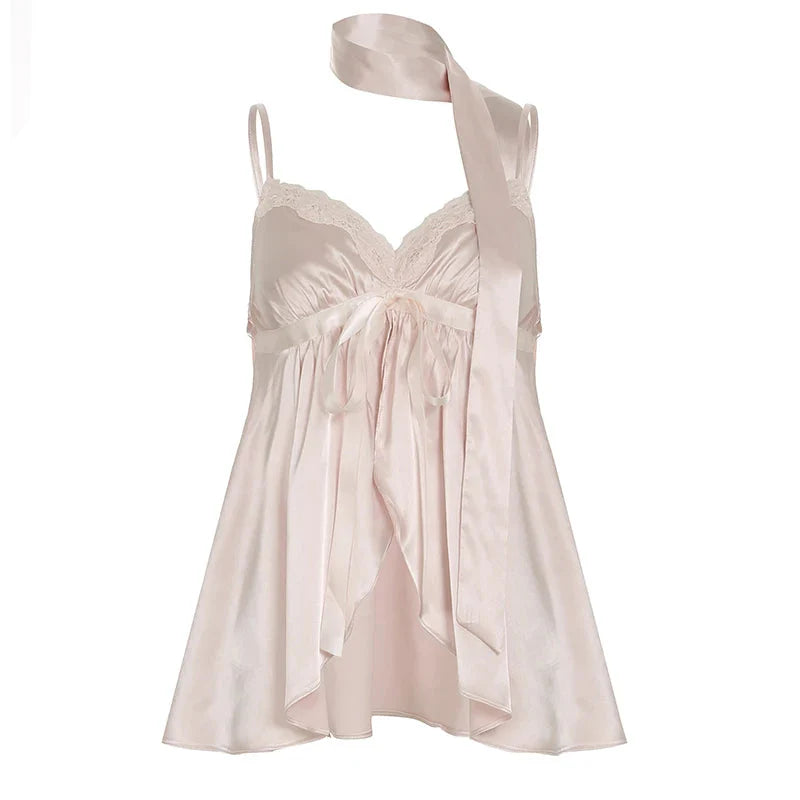 Kawaii Bandage Lace Pink Camisole Sweet Patchwork Satin Crop Tops with Slit y2k Vintage Tank Tops Cute