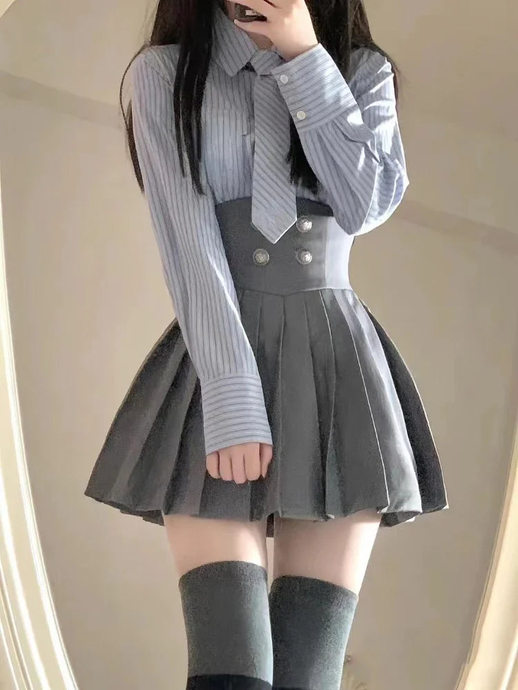 Voguable  Elegant 3 Piece Set Skirt Woman Stripe Shirt + High Waist Y2k Mini Skirt + Short Coat Suit Preppy Style Summer