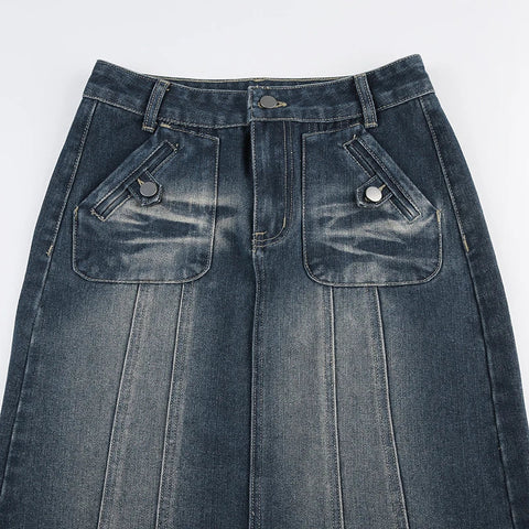 Voguable Vintage Blue Straight Denim Skirt American Retro Aesthetic Chic Stitch Cargo Mid Skirts Y2K Streetwear Grunge New