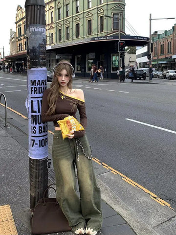 American Retro Patchwork Graphic T Shirts Woman Clothing One Shoulder Long Sleeve 2000s Clothes Y2k Tops