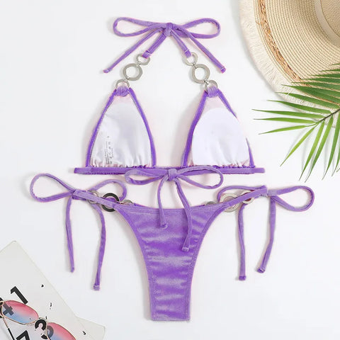 Voguable Triangle Bikinis Set Solid Pink Criss Cross Velvet Swimsuit Luxury Rhinestone Bathing Suit Metal Swimwear Y2K