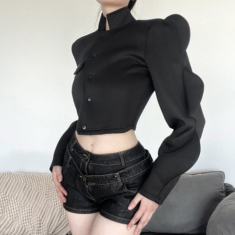 Streetwear Turtleneck Shirts For Long Sleeve Buttons Crop Tops Baggy Black Y2K Design Shirt Female