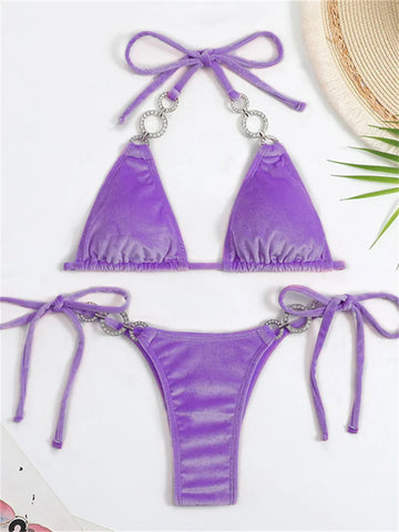 Voguable Triangle Bikinis Set Solid Pink Criss Cross Velvet Swimsuit Luxury Rhinestone Bathing Suit Metal Swimwear Y2K