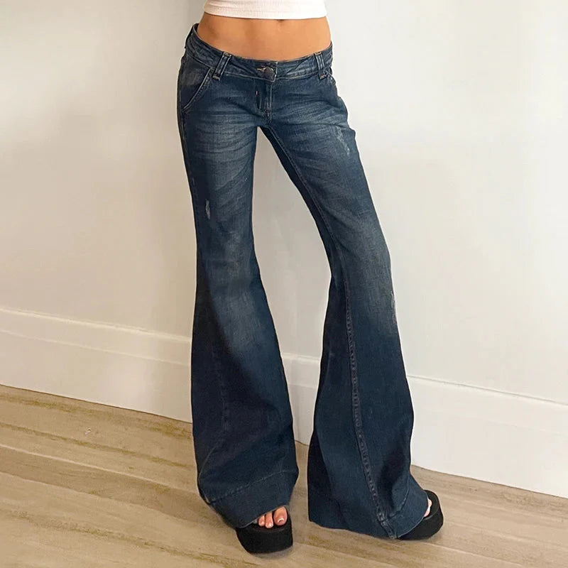 Blue Low Rise Flare Jeans Vintage 2000s Slim-fitting Denim Pants Korean Style Trousers y2k Distressed Mom Jeans 90s