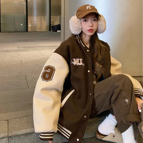 Y2k Varsity Bomber Jacket Red Brown Korean Winter Coat Vintage Baseball Jackets Hip Hop Streetwear Outerwear Tide