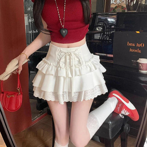 Sweet Lace Up Mini Skirt Y2K Lace Patchwork A-Line Skirts High Waist Kawaii Lolita Preppy All Match Tutu Skirts