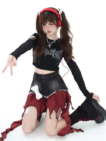 Voguable Patchwork Skirt Vintage Y2k Skirt Harajuku Korean Style Streetwear Elegant Lattice  A-line Mini Skirt