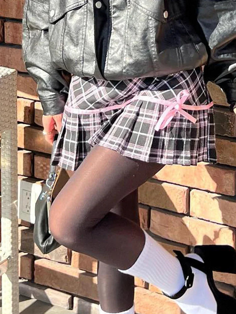 Voguable Y2K Preppy Style Plaid Ribbons Bow A-line Pleated Mini Skirt Dark Academia High Waist Short Skirts Cute Aesthetic
