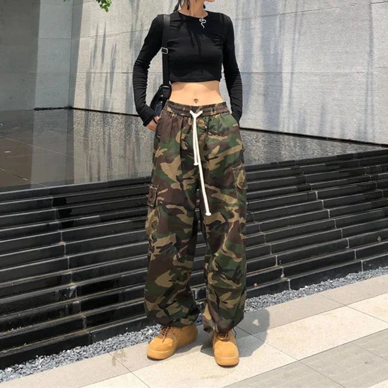 100% Pure Cotton Camo Cargo Pants Y2K Vintage Streetwear Joggers Sweatpants Bf Oversized Loose Hip Hop Wide Leg Trousers