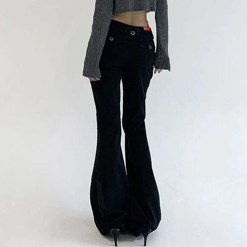 Voguable  Casual Basics Flare Jeans Brown Black All-match Street Style Boot Cut Denim Pants High Waist Vintage Trousers Y2K