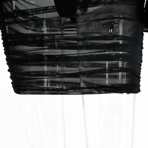 Voguable  Spaghetti Strap Long Lantern Sleeves Ruched Mini Dresses Woman Y2k Mesh Vintage Dress Club Party Vestidos