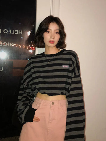 Voguable Cropped Y2K Striped Sweatshirts Harajuku Gothic Tops Vintage Streetwear Casual Bf Oversize Long Sleeve Pullover