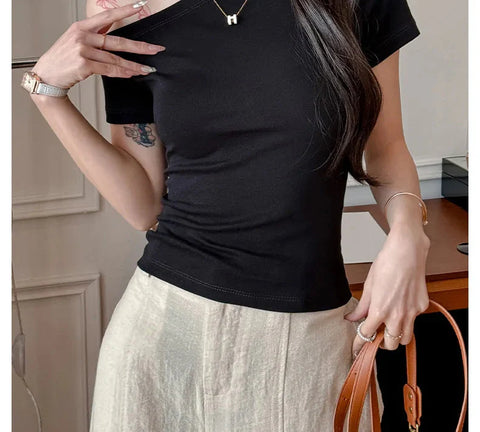 Solid Off Shoulder Short Sleeve T Shirt Simple Basic Single Sleeved Jumper Top Streetwear Slim Fit FeY2K Clothes Tees