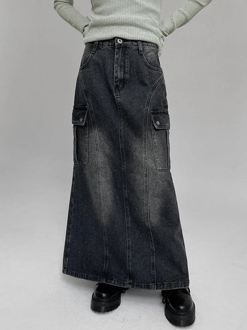 Voguable Vintage Pocket Split Washed Denim Maxi Skirt High Waist Y2K Streetwear Long Skirts Harajuku Korean Fairy Grunge