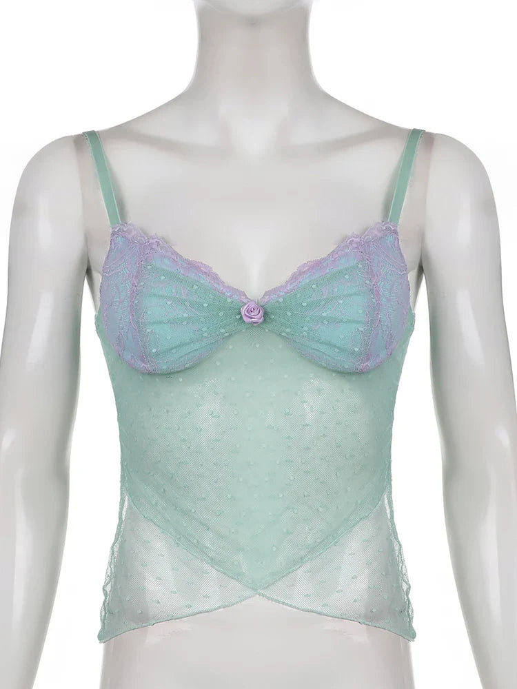 Voguable Polka Dots Lace Frill Mesh Camis Y2K Aesthetic V-neck Crop Top Backless See Through Corset Tops