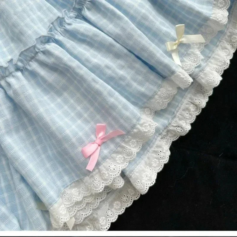 Voguable Y2k Aesthetic Bow Short Skirts Blue Plaid Kawaii Lolita Mini Skirt Harajuku Japanese Preppy Style Pleated Fairy Skirt