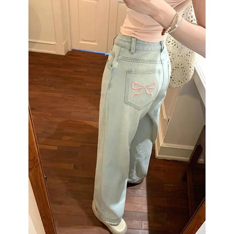 Voguable Blue Jeans for High Quality High Waist American Wide Leg Pants Bow Embroidery Y2K Vintage Straight Trousers