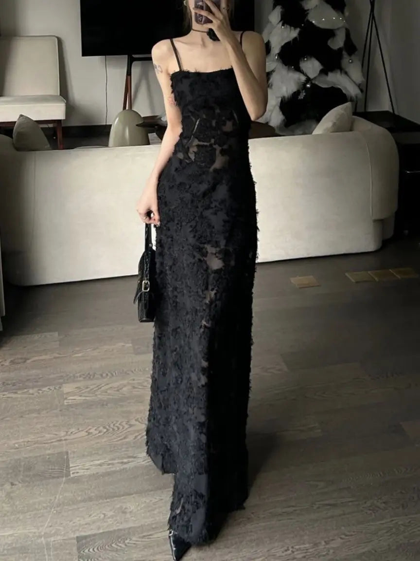 Voguable Black Party Midi Dress See-through Strap Y2k Dress FeLace Chic Korean Slim Vintage Dress New