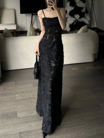 Voguable Black Party Midi Dress See-through Strap Y2k Dress FeLace Chic Korean Slim Vintage Dress New