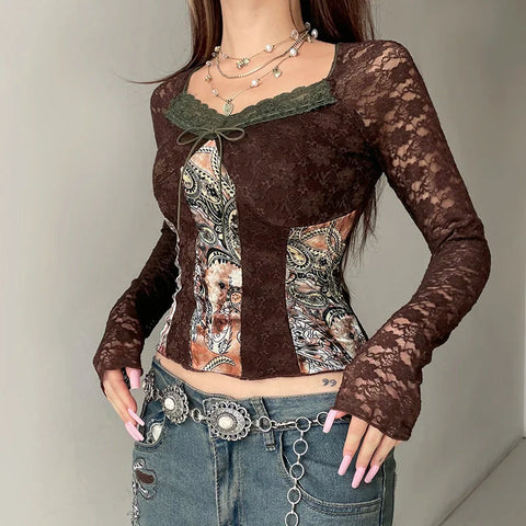 Brown Transparent Lace Sleeve Crop Top Grunge y2k Floral Print Square Collar T-shirt Retro Shirt Vintage 2000s Tees