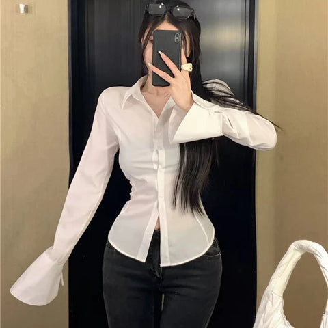 Harajuku Bandage Shirts Y2k Korean All Match Streetwear FeSlim Blouse Casual White Bell Sleeve Shirt