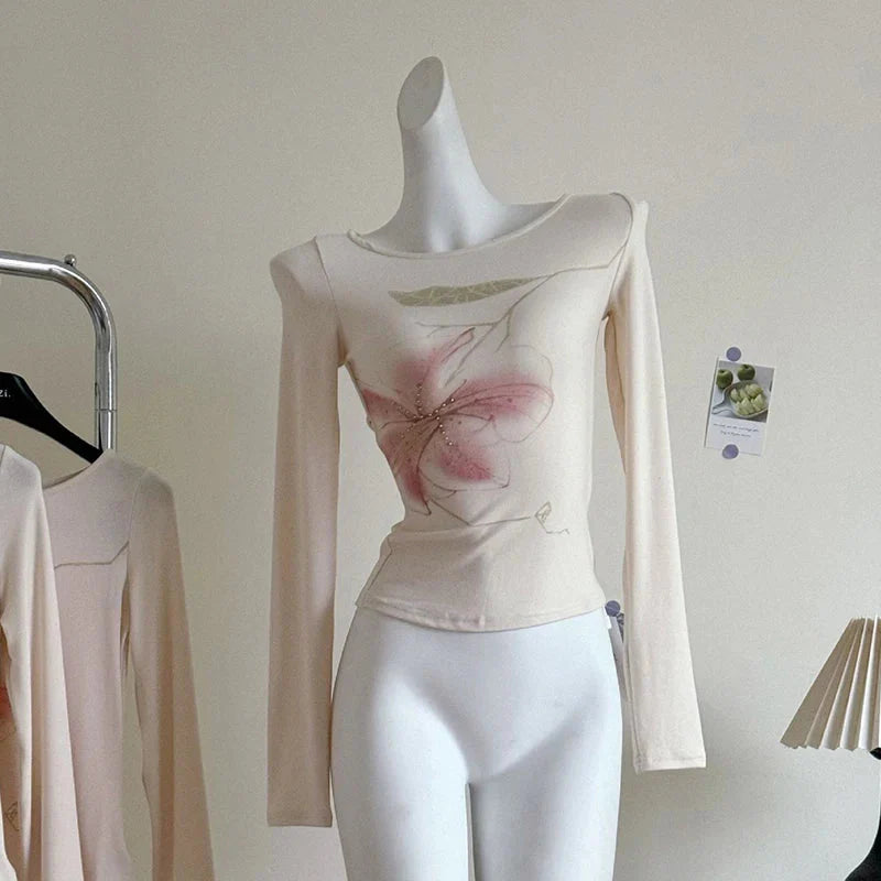 Fairy Coquette Top y2k Clothing Rhinestone Floral Print Round Neck Long Sleeve T Shirts 2000s Clothes Streetwear