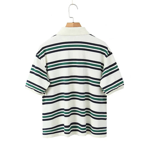 American Retro Contrasting Striped T Shirt Polo Collar Short Sleeve Preppy Vintage Tees Y2K Tops